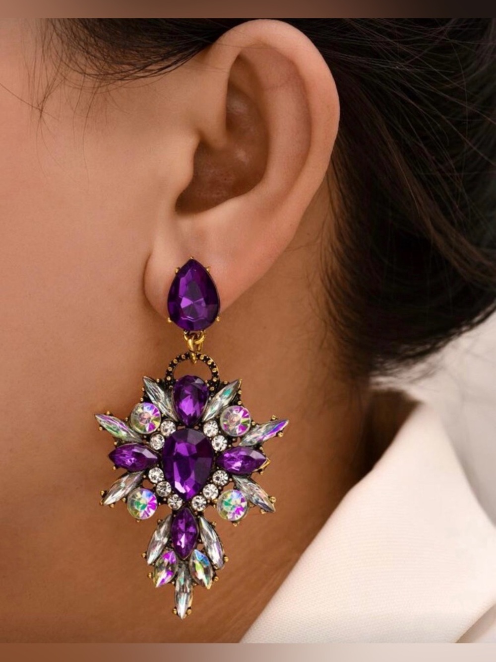 Purple Crystal Statement Drop Earrings - Elegant Women Jewelry